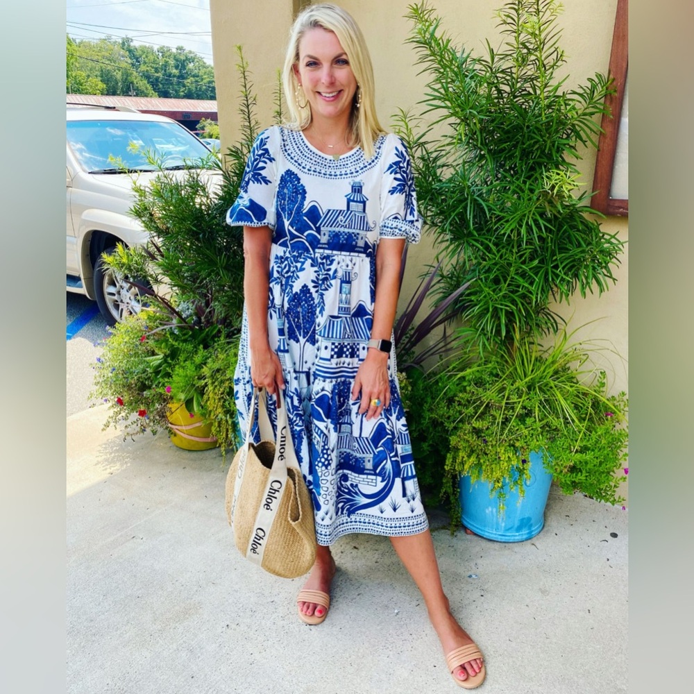 FARM Rio Blue and White Ancient Garden Midi Dress